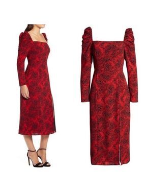 New Leith Spatter Print Square Neck Long Sleeve Midi Dress black red size small